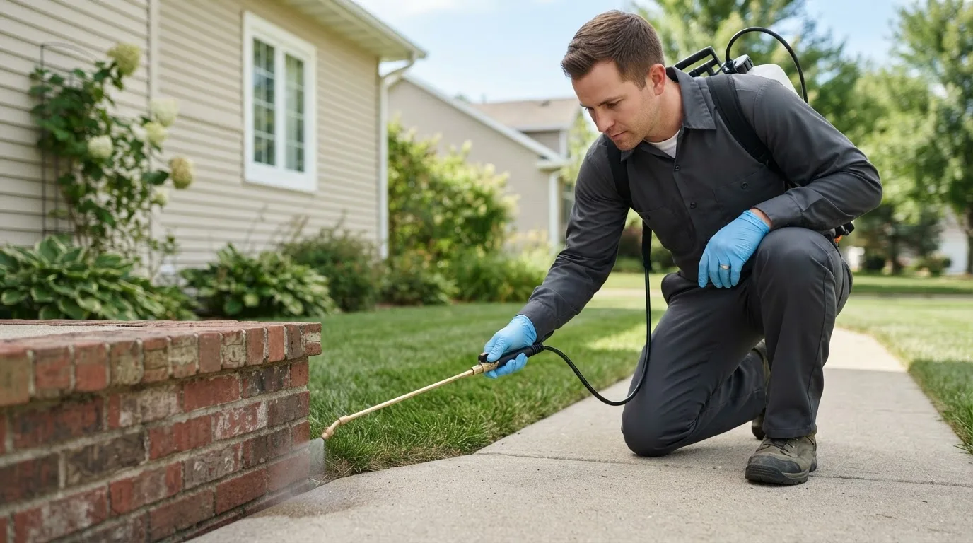 Pest control technician treating a home near Ash, NC